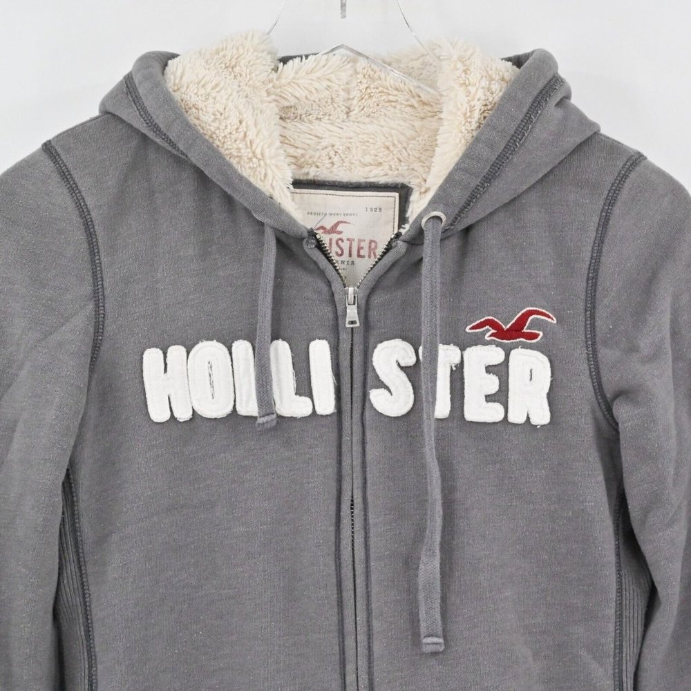 HOLLISTER Womens Gray Logo Applique Full Zip Hooded Jacket Sherpa Lined Size M - Picture 2 of 8